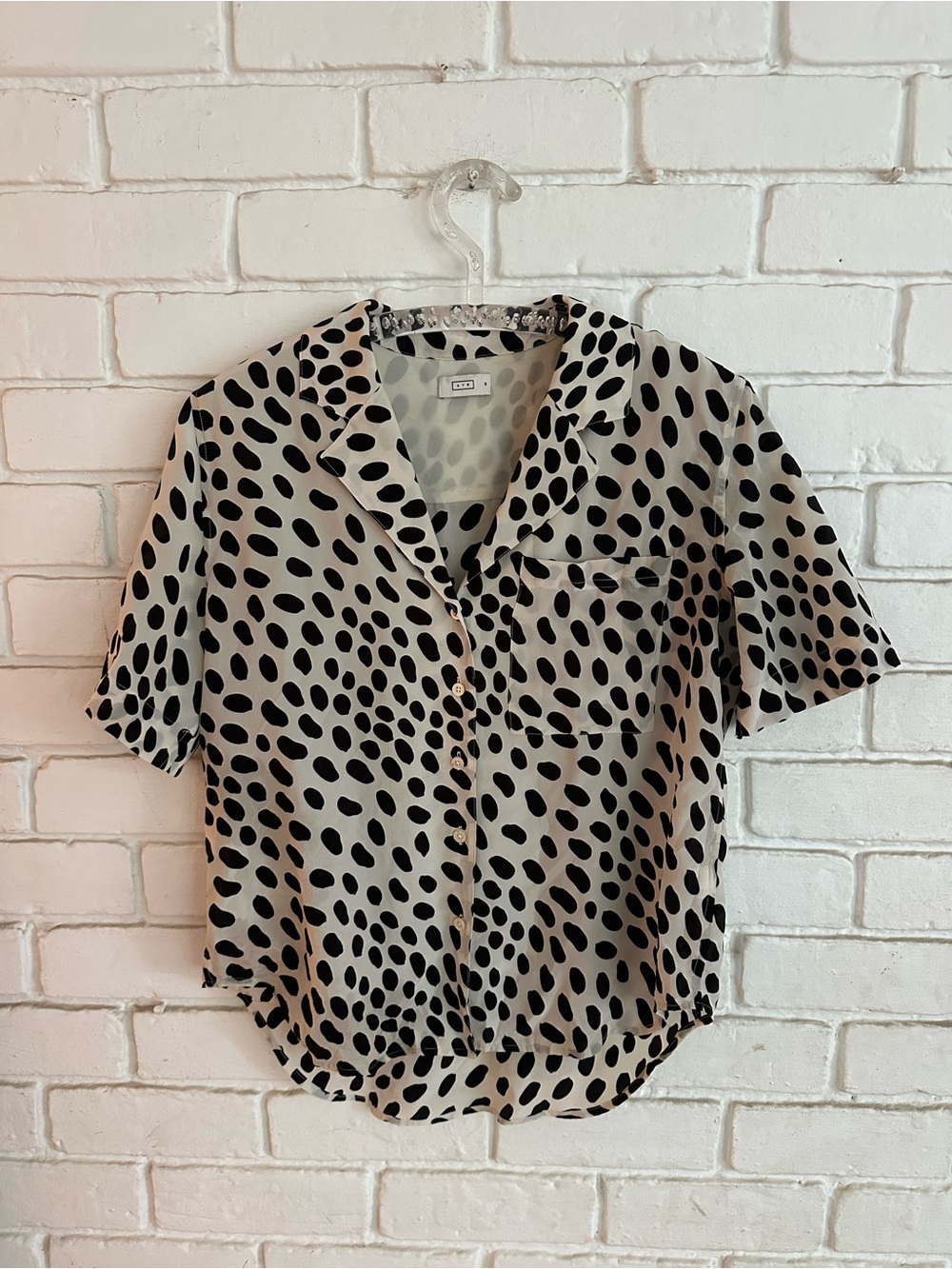 AYR Short Sleeve Polka Dot Black and Cream Button-Up Top Size M